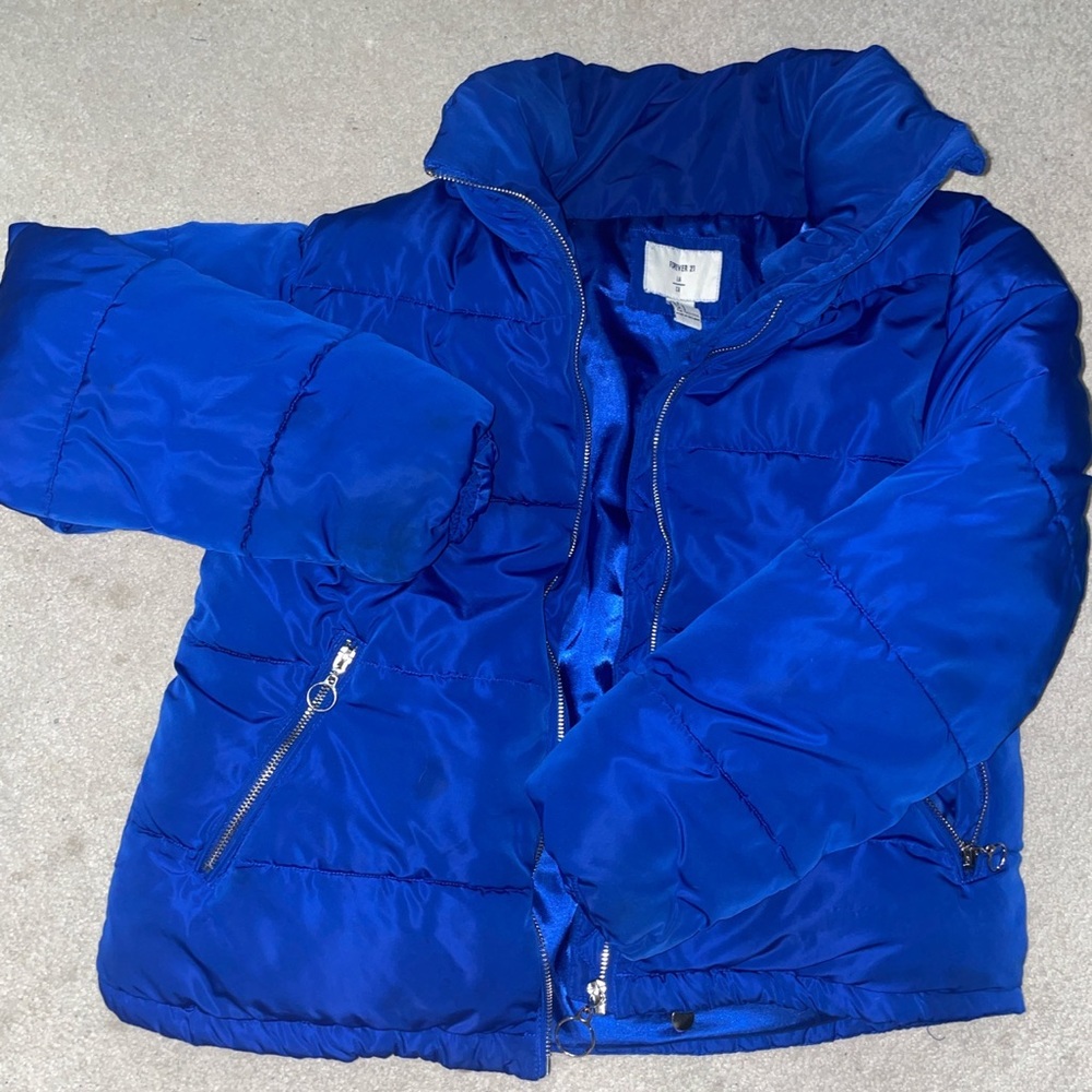 Cobalt Blue Puffer Jacket With Silver Hardware